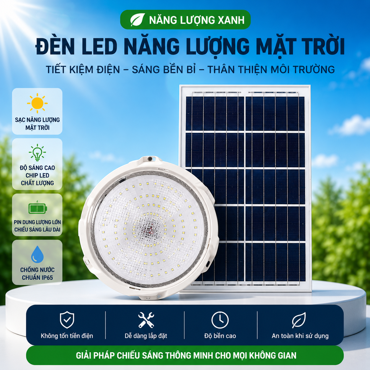 Đèn Năng Lượng Mặt Trời 300W Ốp trần, Chip 5730 Sáng 15h, Tấm Pin Mono to 53 x 45cm