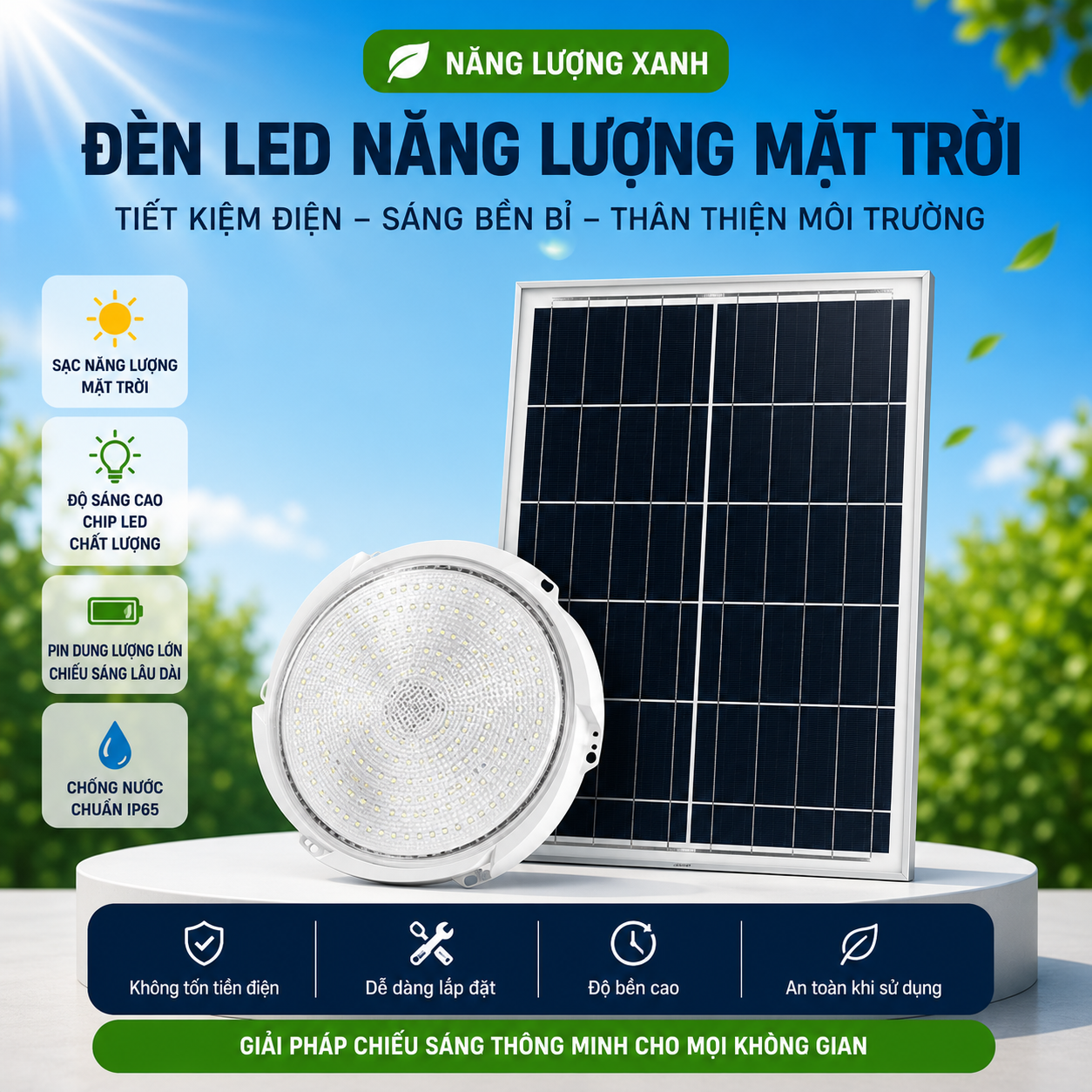 Đèn Năng Lượng Mặt Trời 500W Ốp trần, Chip 5730 Sáng 15h, Tấm Pin Mono 70 x 35cm