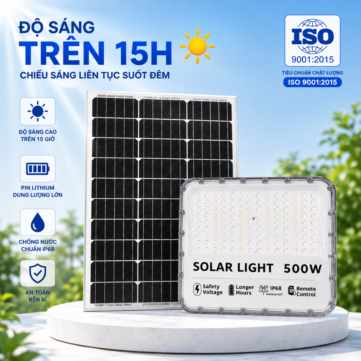 Đèn Năng Lượng Mặt Trời 500W vỏ nhôm, Chip LED mắt ngọc 5054 Siêu Sáng 15h, Tấm Pin Mono 67 x 45cm