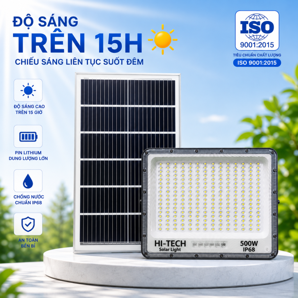 Đèn Năng Lượng Mặt Trời 500W vỏ nhôm, Chip LED mắt ngọc 5054, Tấm Pin Mono 70 x 35cm