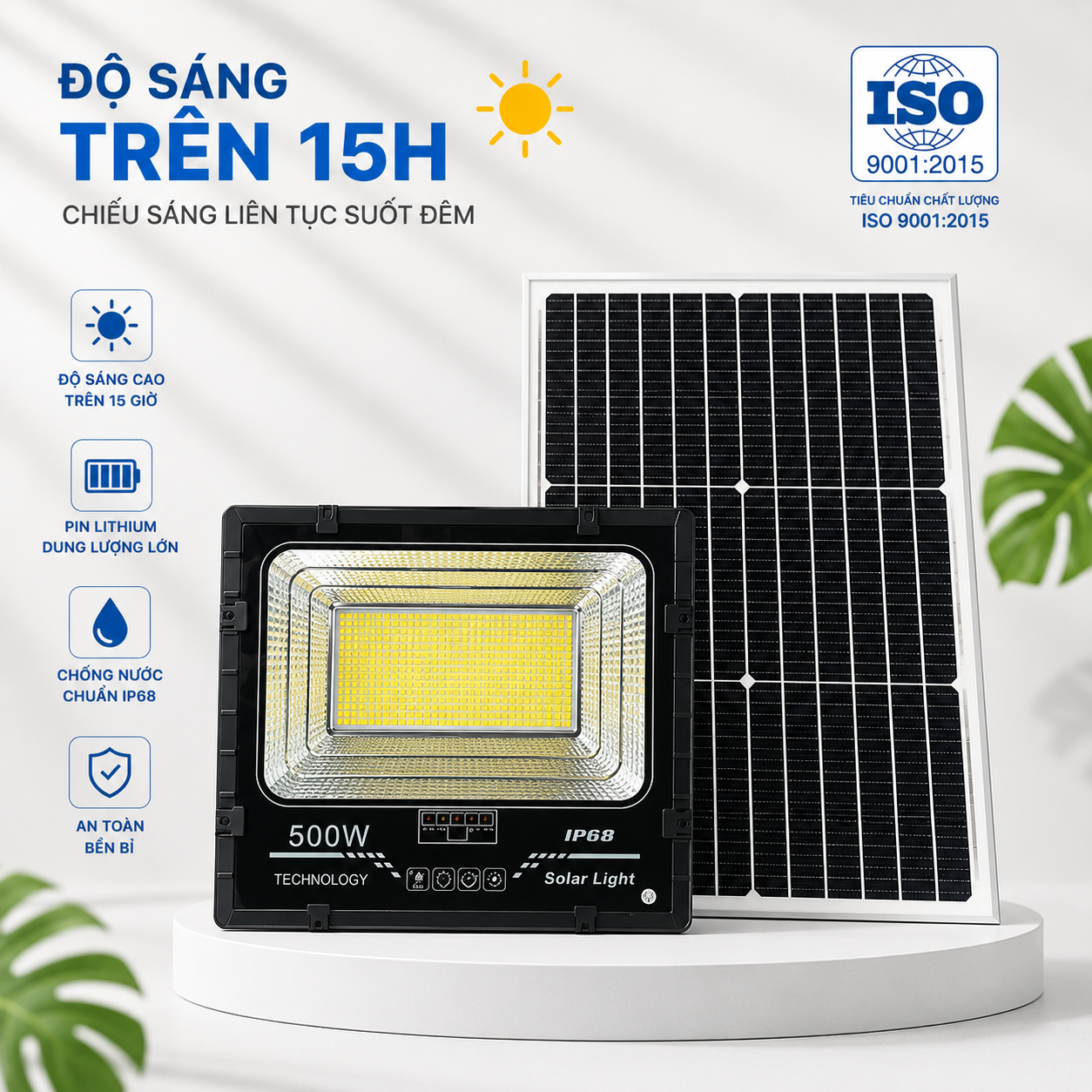 Đèn Năng Lượng Mặt Trời 500W vỏ nhôm, Tấm Pin Mono 67 x 45cm