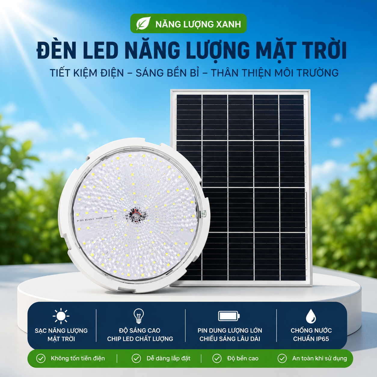 Đèn Năng Lượng Mặt Trời 800W Ốp trần, Chip 5730 Sáng 15h, Tấm Pin Mono to 67 x 45cm
