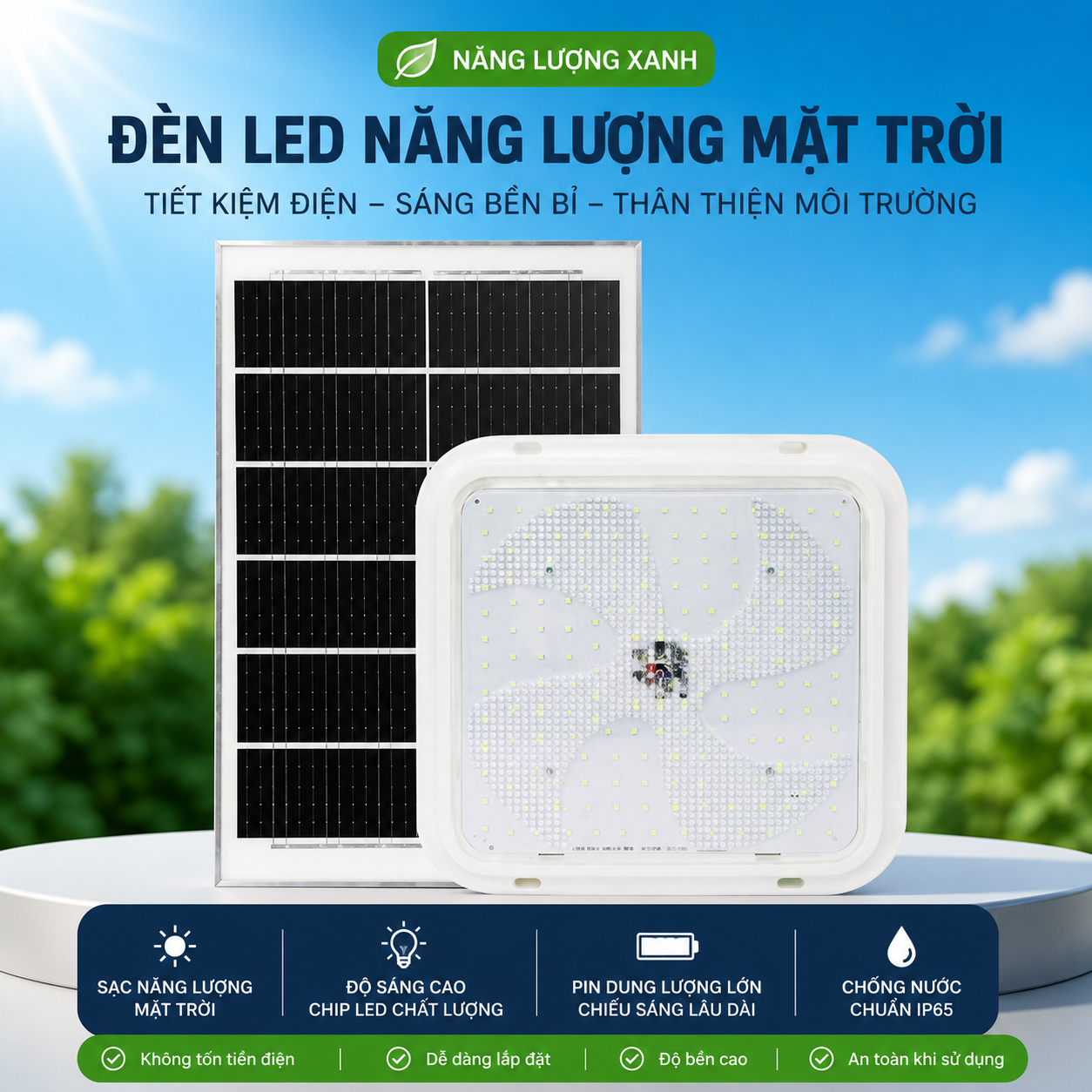Đèn Năng Lượng Mặt Trời 800W Ốp trần vuông, Chip 5730 Sáng 15h, Tấm Pin Mono 67 x 45cm