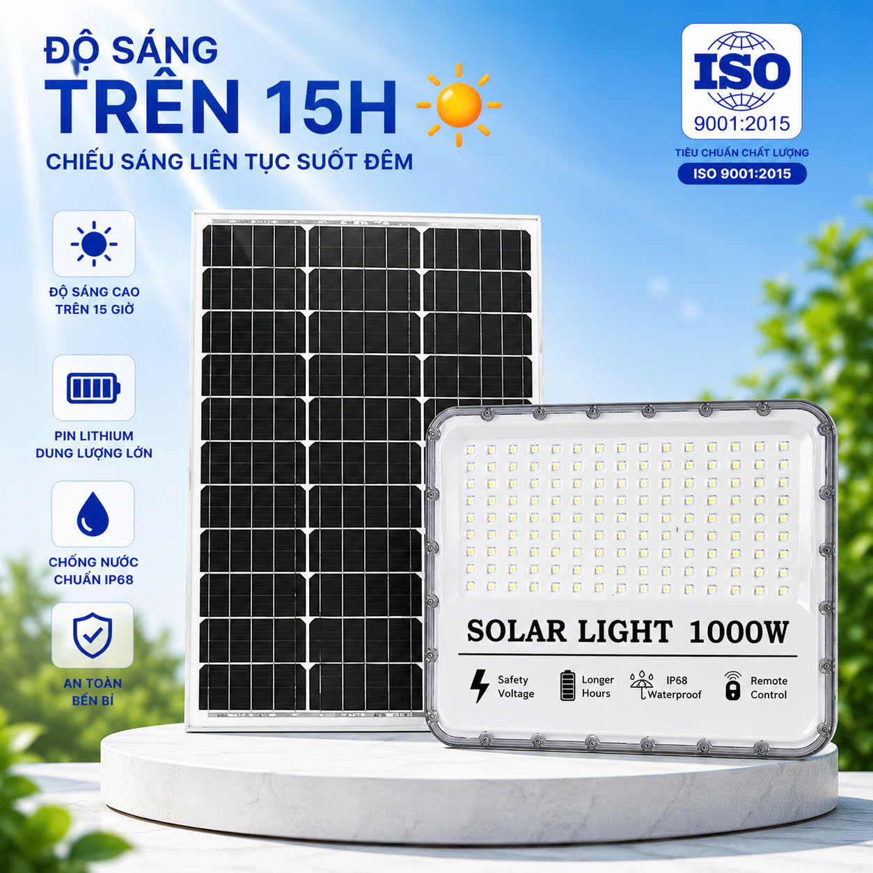 Đèn năng lượng măt trời kim cương công suất khủng 1000W, Sáng 14h, Tấm pin Mono 670 x 530 mm