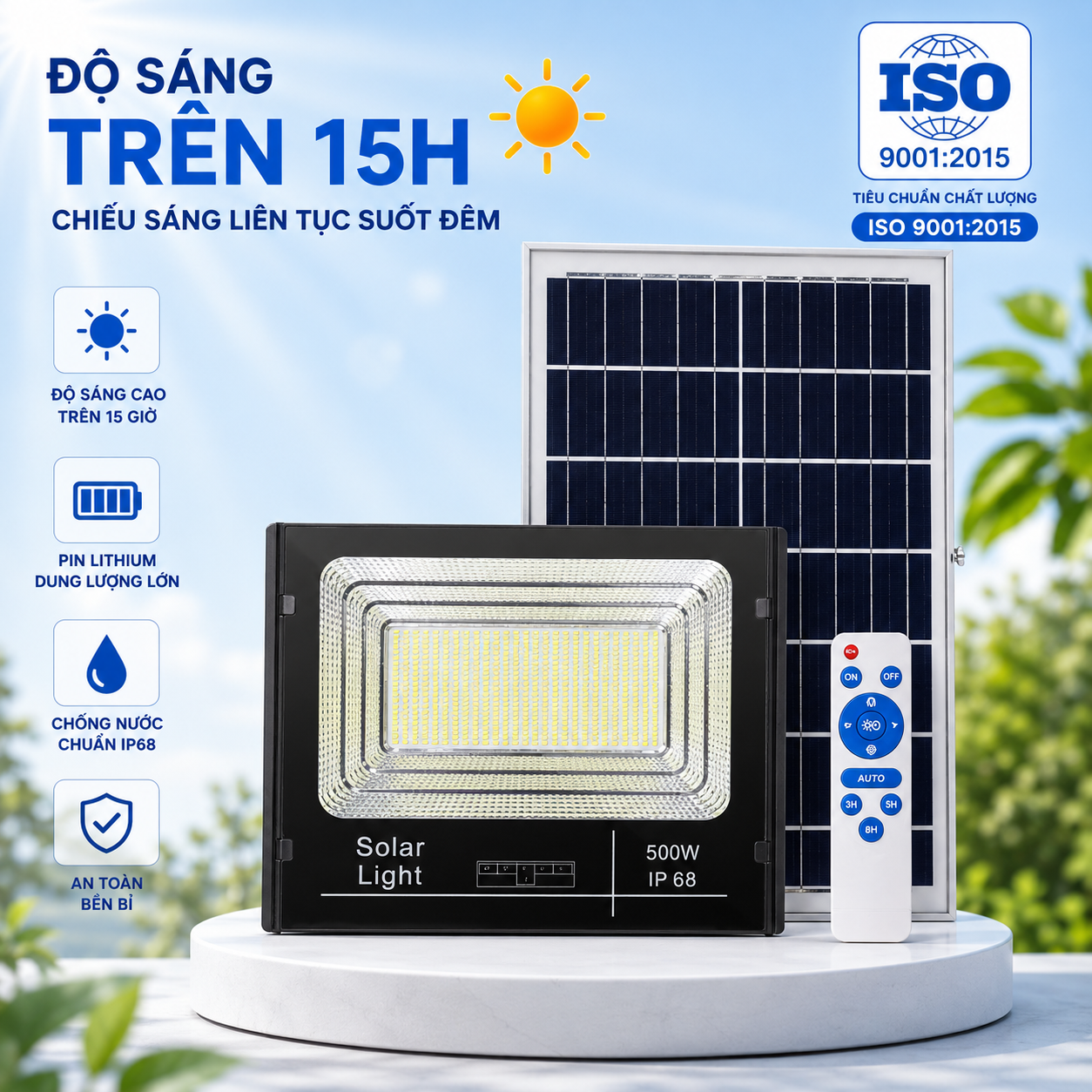 Đèn Pha Năng Lượng Mặt Trời 500W vỏ nhôm, Tấm Pin Mono 67 x 45cm