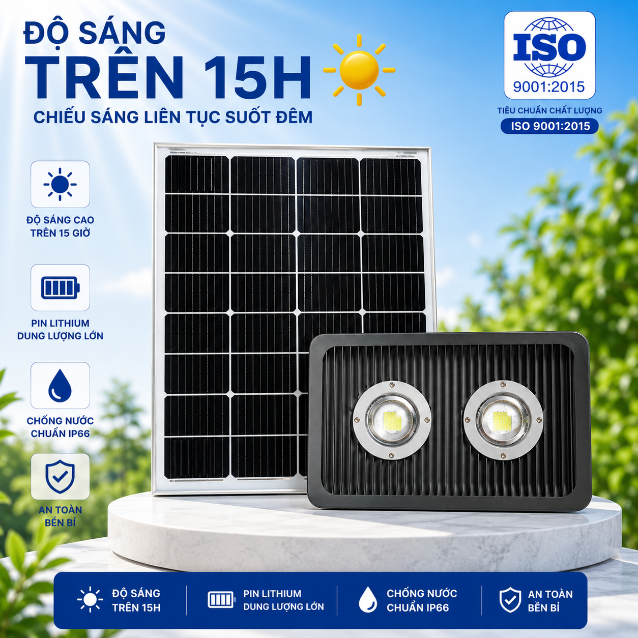 Đèn Pha Xưởng 2 Cầu Năng Lượng Mặt Trời, Sáng 15h, Tấm Pin Mono 670 x 445 mm