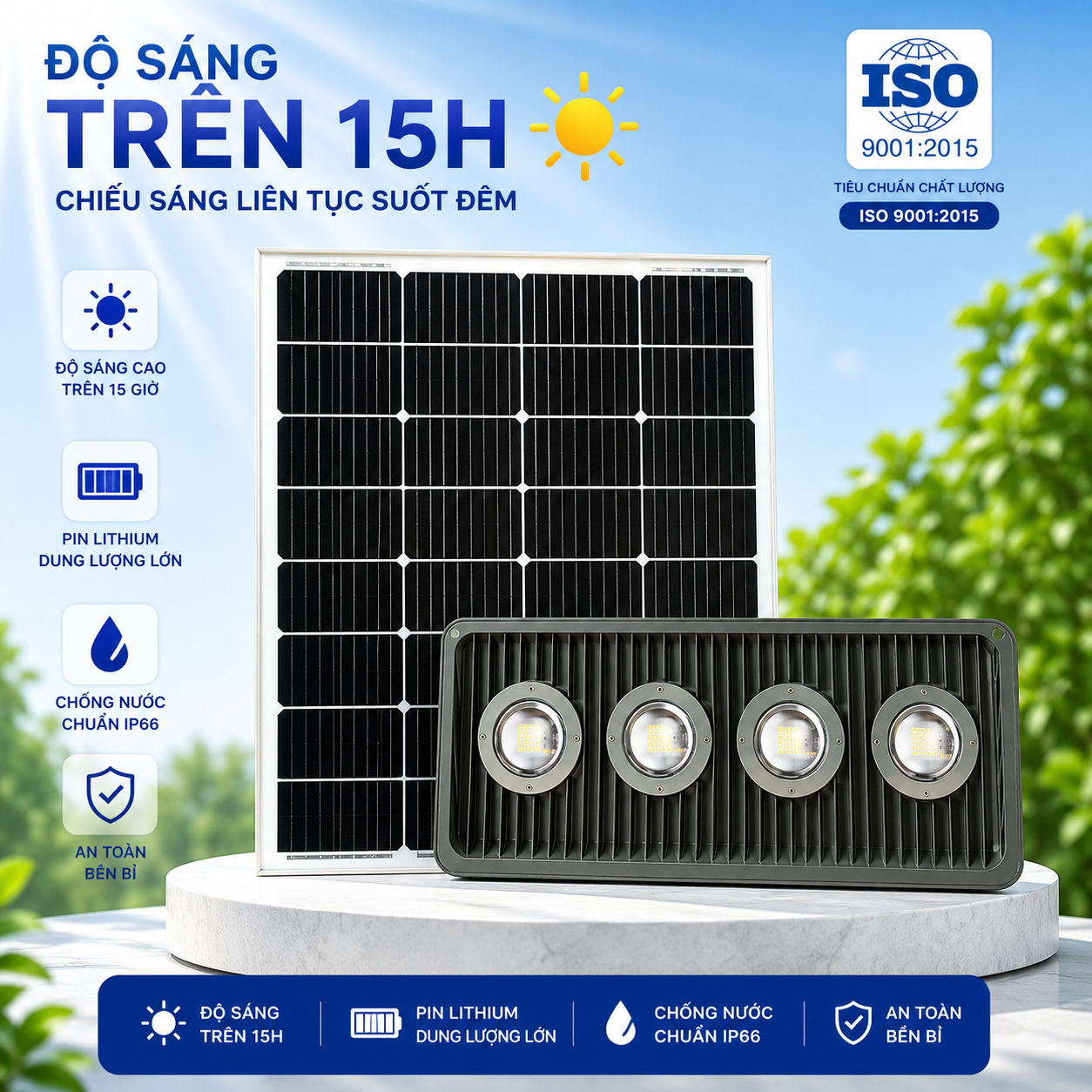 Đèn Pha Xưởng 4 Cầu Năng Lượng Mặt Trời, Sáng 15h, Tấm Pin Mono 950 x 670 mm