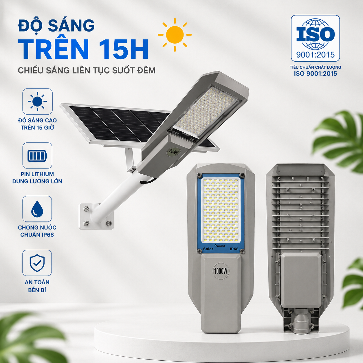 Đèn Đường Năng Lượng Mặt Trời 1000W vỏ nhôm, Tấm Pin Mono 67 x 45cm